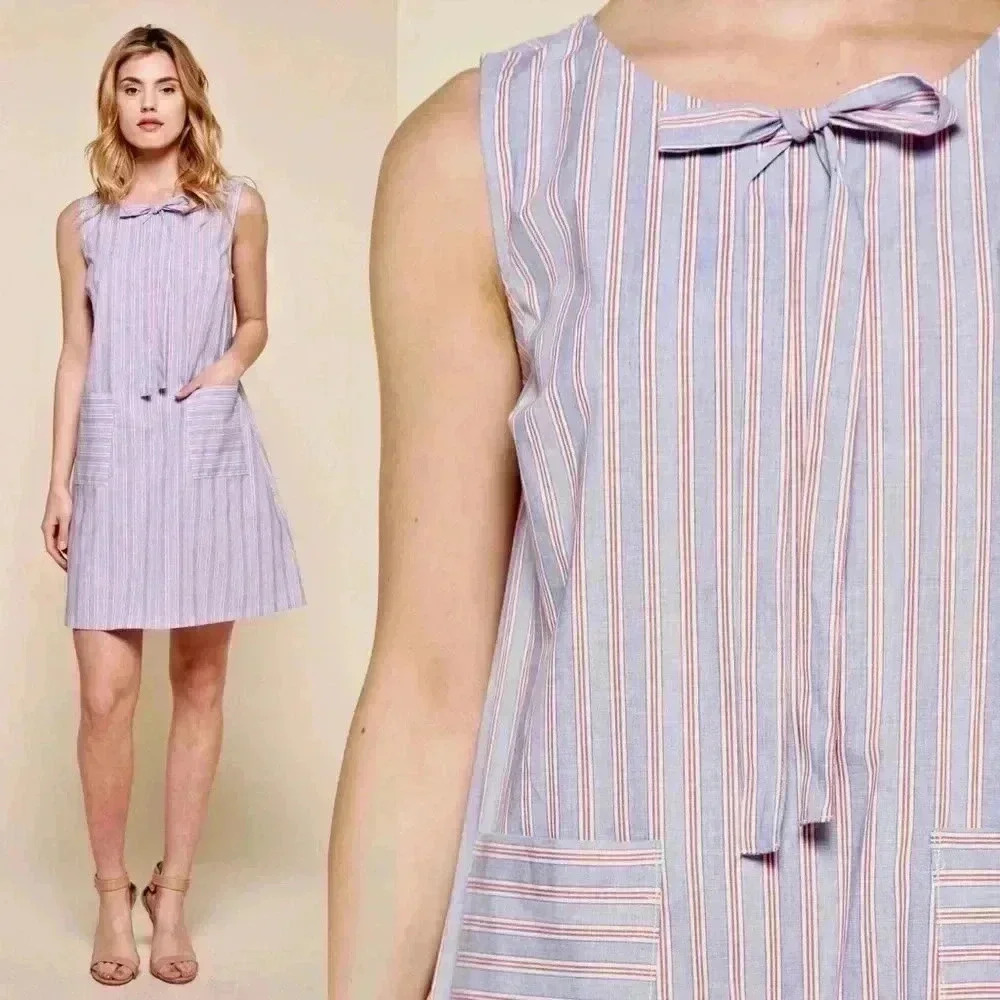 "Cambry" Poplin Stripe Dress in Blue/Red